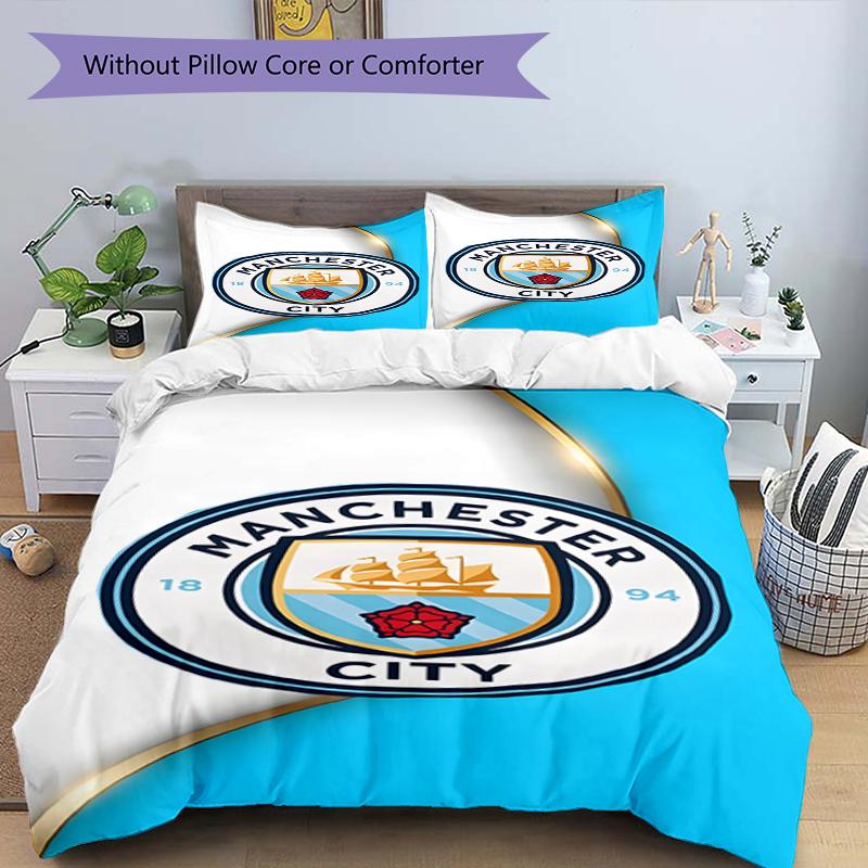 3pcs Duvet Cover Set (1*Duvet Cover + 2*Pillowcase, Without Core),Manchester City FC Print Bedding Set, Bedroom Decor, All‑Season, Birthday Gift