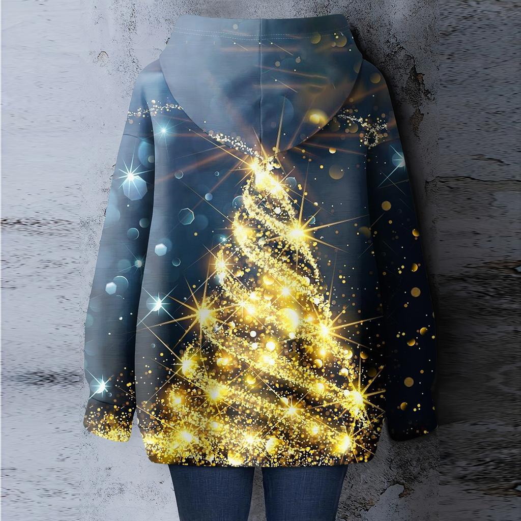 Dámská vánoční potištěná volná ležérní mikina s dlouhým rukávem a kapucí