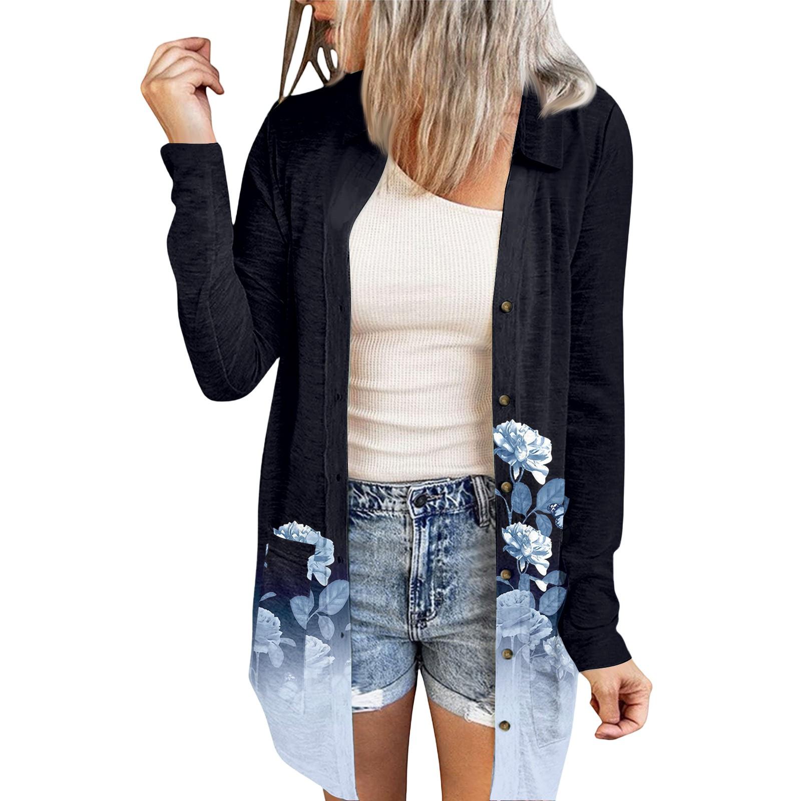 

Women s Casual Fashion Floral Print Long Sleeve Mid-Length Cardigan Jacket L чорний