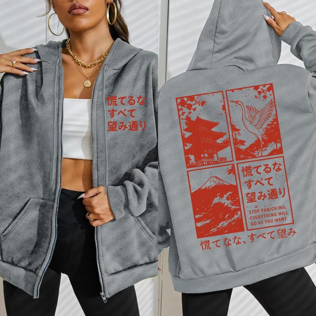 Japan Crane Cherry Blossoms Waves Art Letter Prints Zipper Hoody Woman Sportswear Casual Hoodie Autumn Clothes