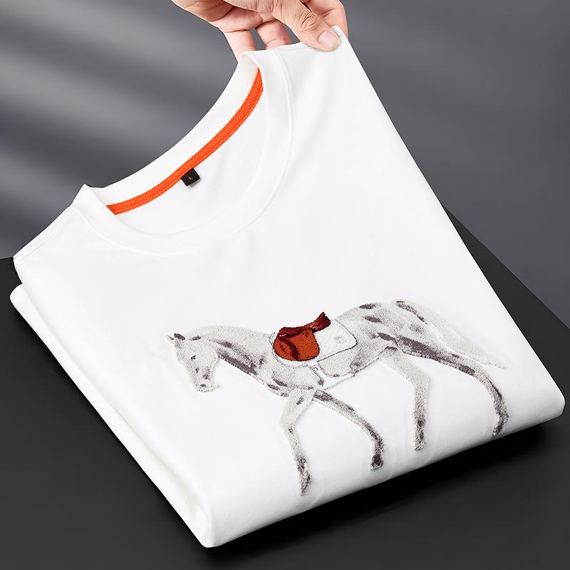 European Light Luxury Embroidered Warhorse Men's Ice Silk T-Shirt – Short-Sleeved, Breathable, Round Neck, Trendy Summer Style