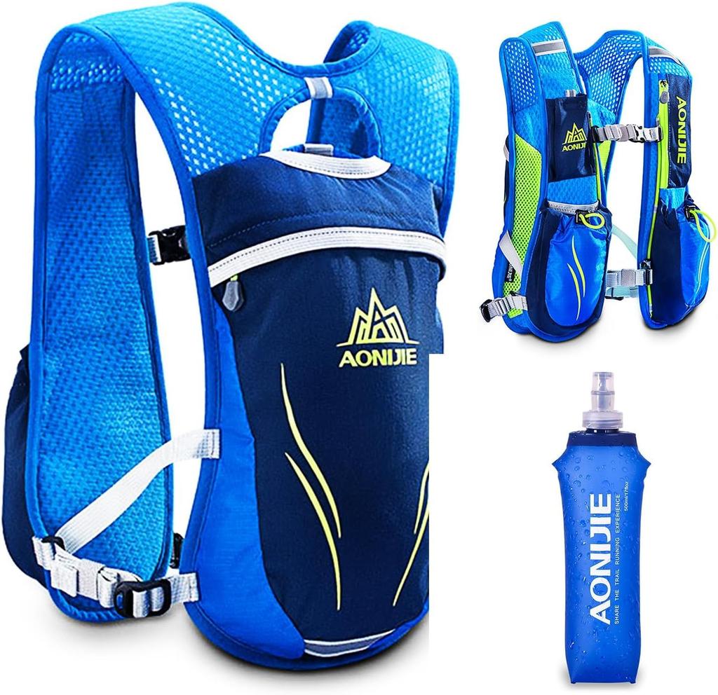 HEARTST Running Bag Marathon Backpack Daypack Lightweight Breathable Waterproof Reflective Hydration Bag Backpack 500ml Water 5.5L (Blue + Bottle)