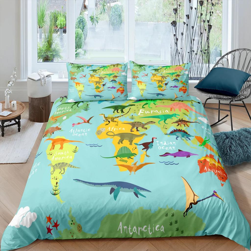 Carton Dinosaur Soft Duvet Cover King Quen Children Kids Jurasic World Stegosaurus Tyranosaurus Beding Set 2/3pcs Polyester Comfortable Quilt Cover