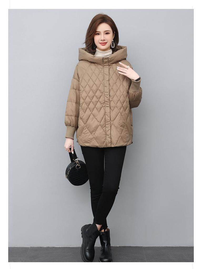 Dámská lehká péřová bunda střední délky - Zima 2024 Volný střih, Všestranná, Malá velikost, Péřový kabát ve stylu pro maminky
