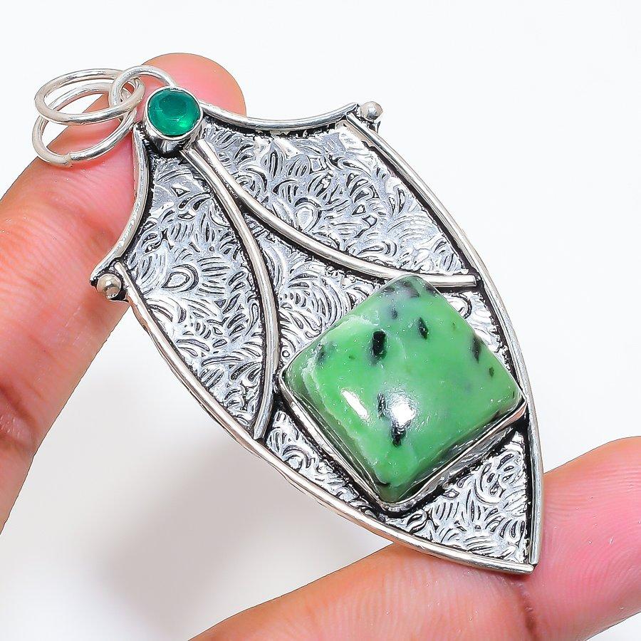 Natural Ruby Zosite, Onyx 925 Sterling Silver Jewelry Pendant 2.92" ZS-487