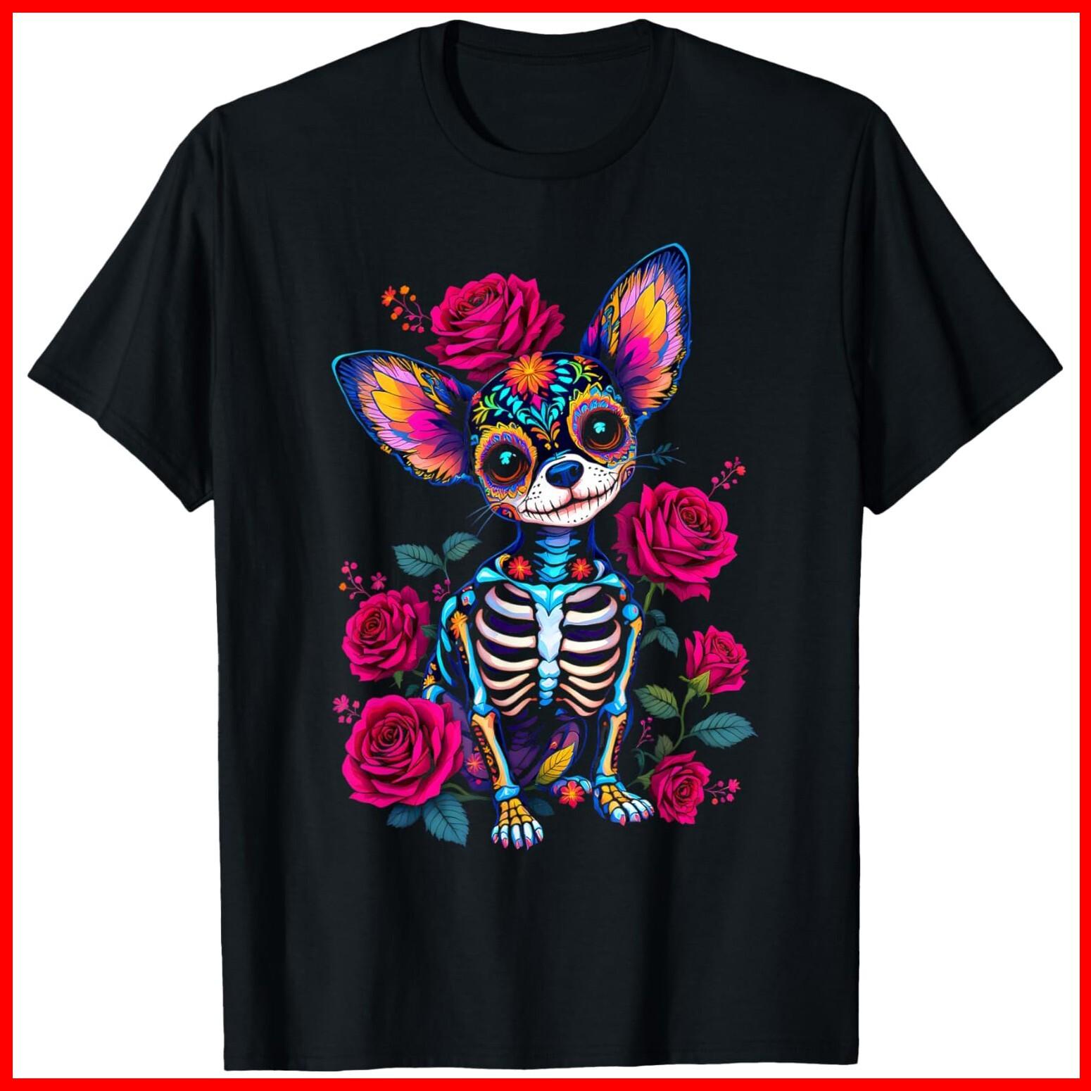 Mexican Sugar Skull Chihuahua Dia De Los Muertos Halloween Black Cotton T-Shirt M