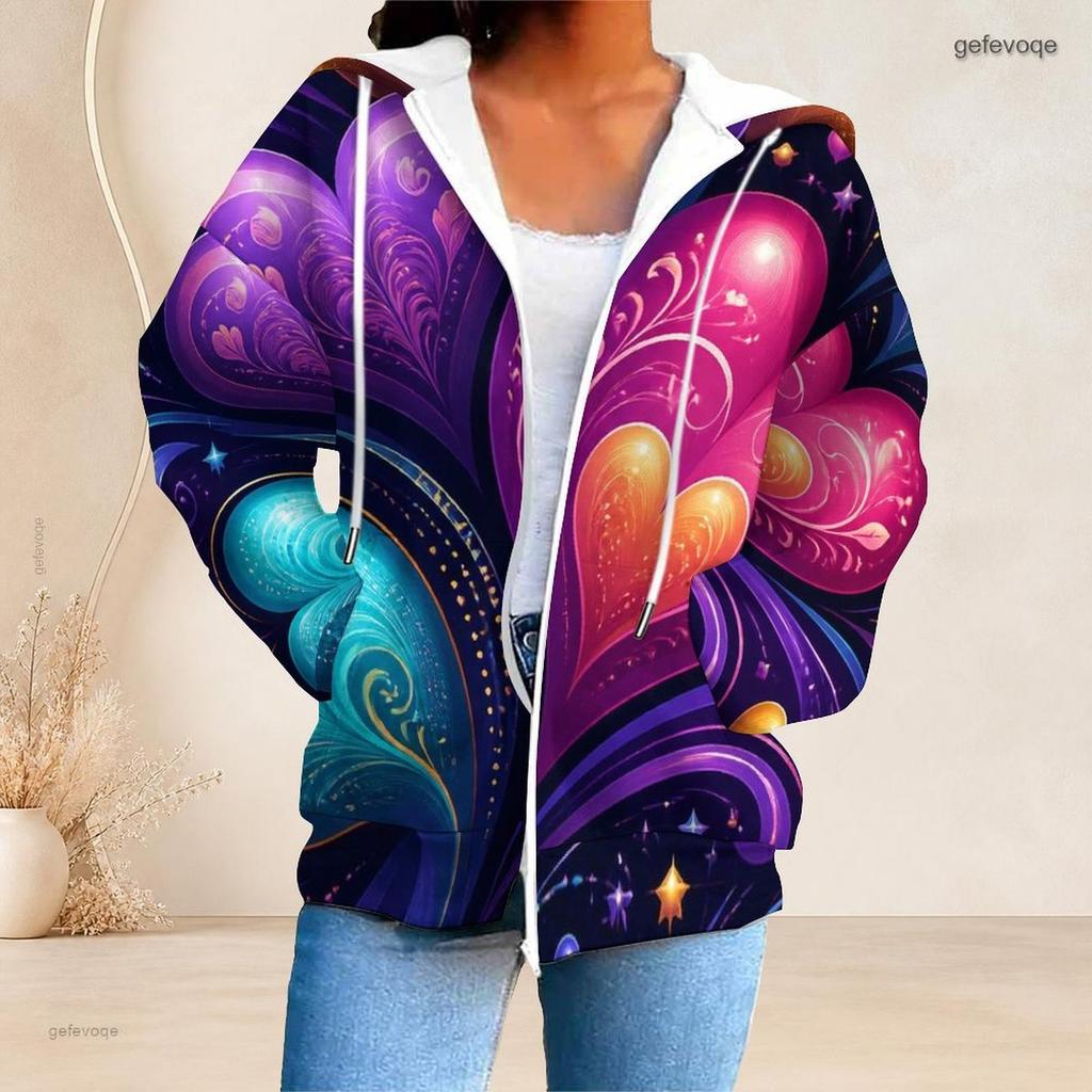 Ladies Plus Size Zipper Hoodie Colorful Swirl Heart Star Art Print Long Sleeve Casual Hooded Sweatshirt