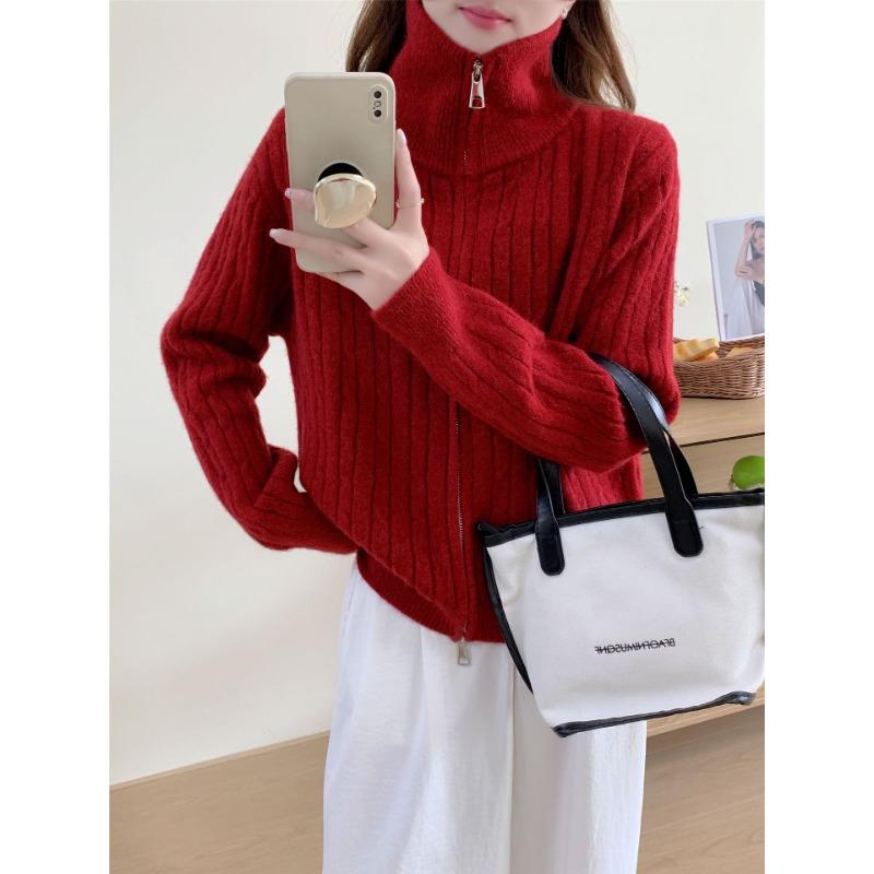 Retro twist autumn and winter stand-up neck zipper sweater jacket high-end soft waxy loose versatile knitted cardigan women