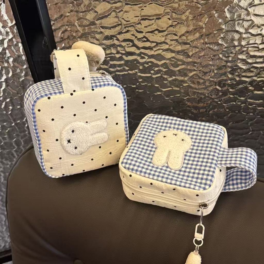 Blue Check Miffy Rabbit Storage Bag With Polyester Material For Casual Daily Use