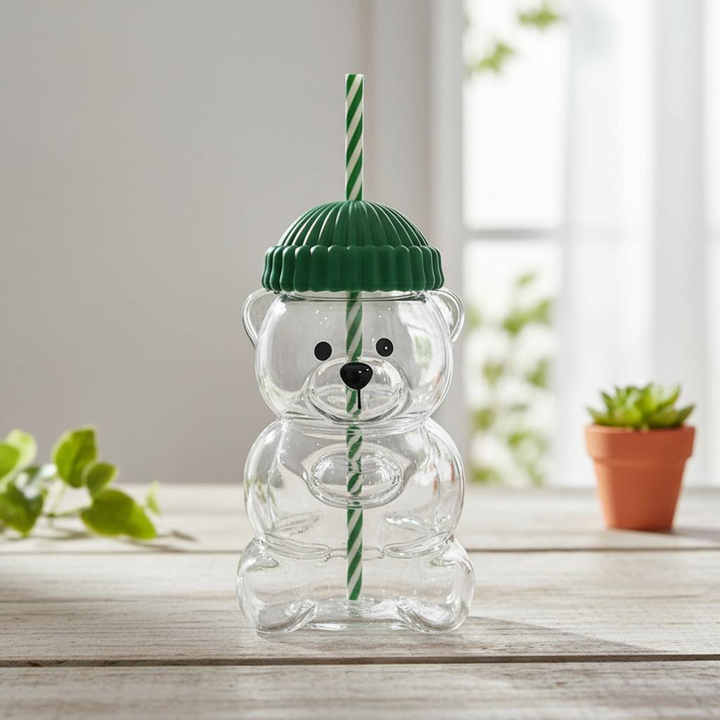 Bear Straw Cup Christmas Bear Coffee Cup Cute Bear Glass Cup Holiday Glass Cup Birthday Christmas Gifts for Women Kids Friends