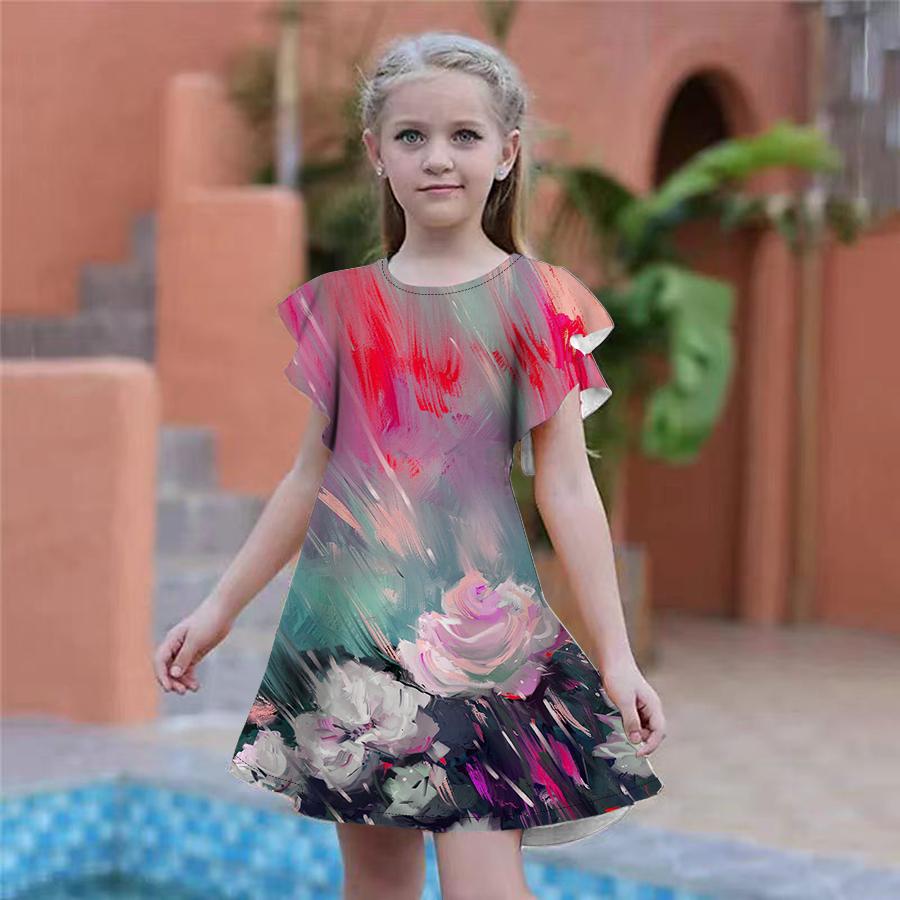 Girls Green Graffiti Rose Print Dresses Kids Girl Party Dress Loose Fitting Loose Fitting Short Sleeved Skirt For Girls Over Four Years Old