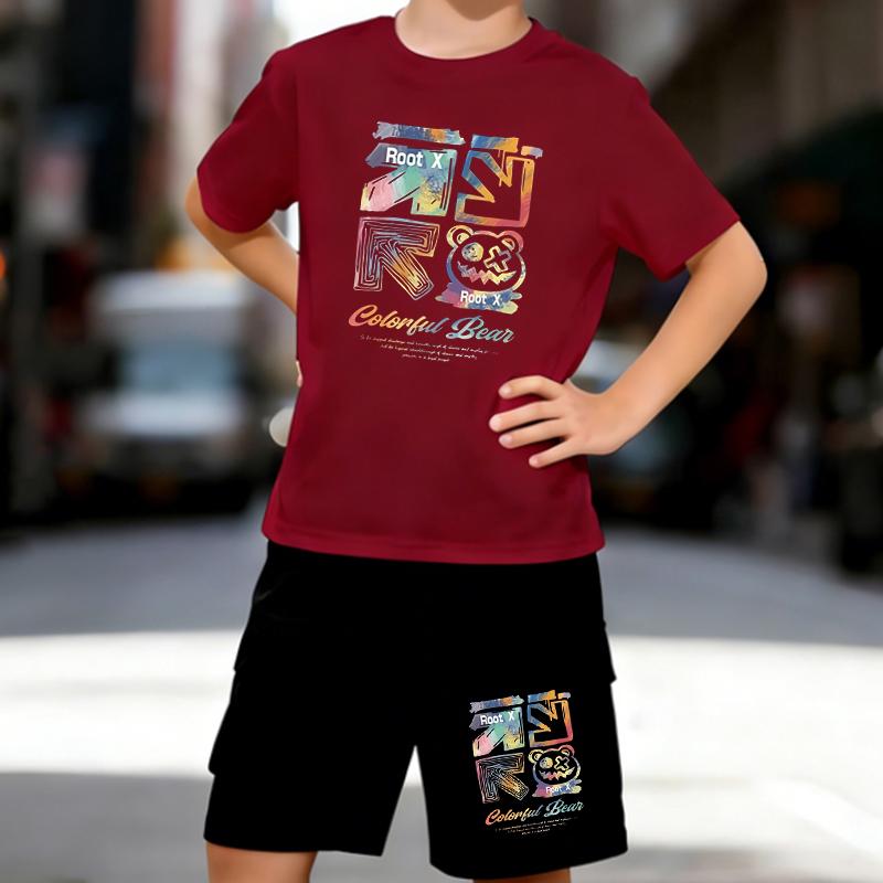 Boys 2 Piece Colorful Graffiti Printed outfit, Short Sleeve T-Shirt and Shorts Set for Kids Age 5-14,Black ,White Sporty Casual Summer Clothes