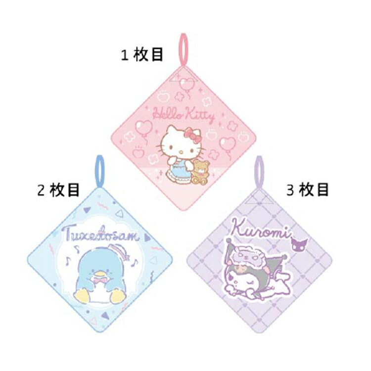 Marushin Sanrio Characters Loop Towel Soft and featuring Hello and Tuxedo 3-Piece Set, Cute, 899283, Kitty, Kuromi, Sam.