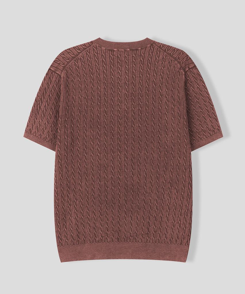 BLACK MOMENT Summer Cable Knit Henley Neck Short Sleeve Tee [Light Gray]