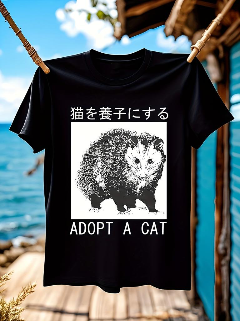 Soft Cotton Tshirt Black Cat Graphic Tee with Japanese Te...