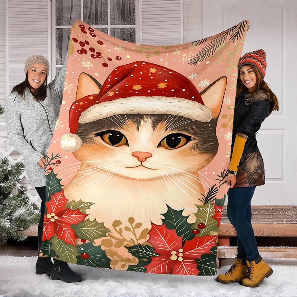 1pc Christmas Cat Decorations Outdoor Flannel Blanket , Machine Washable Perfect Gift for Birthday , Holiday Travel Accessory , Durable Material
