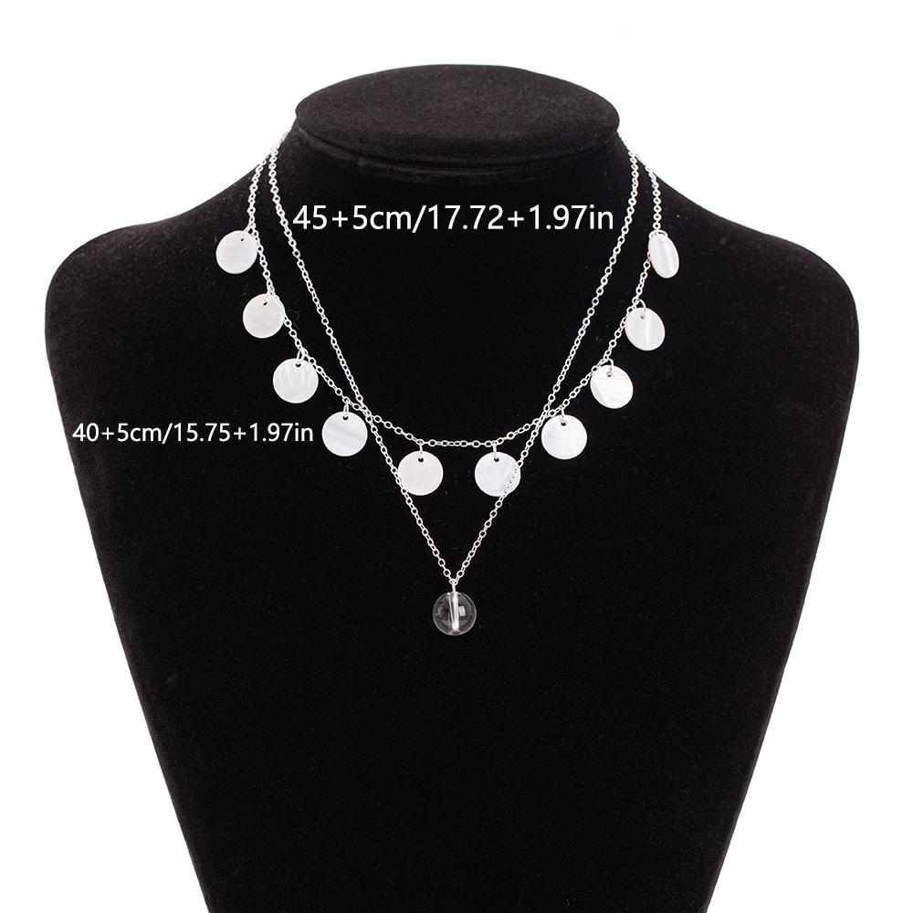 2Pcs Women White Shell Bohemian Round Disc Tassel Ball Layered Necklace Daily & Beach Jewelry