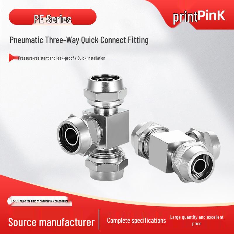 Trachea Quick-Connect T-Nozzle Adapter for Air Pumps and Compressors, with PE Pneumatic Lock Nut, Reducer, and PEG4 6/8mm Compatibility.