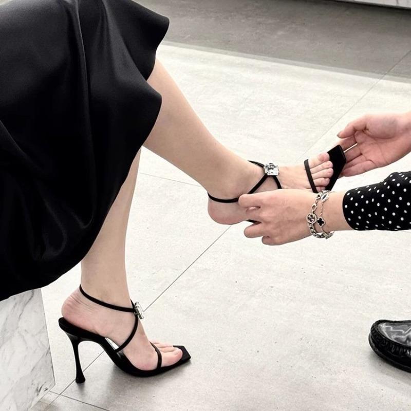 Spring new rhinestone buckle square head word sexy black high heels women's satin fashion cross with open toes