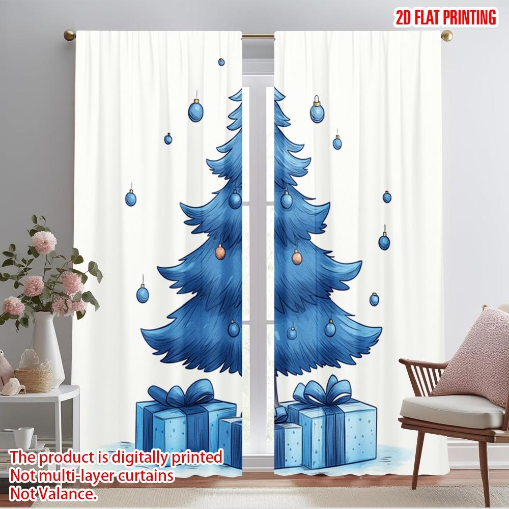 

2pcs,2D plane printing Print Curtains Blue Christmas Tree Gifts Versatile Durable Polyester (without rod) Festive Use for Living 52.50×116.00 CM 2pcs