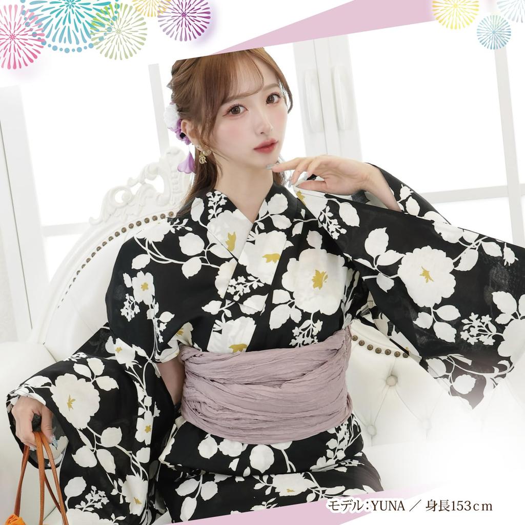 Yukata 3 Piece Set Color Contrast Dignified Summer Camellia Japanese Style Kushyu Fluffy Heiko Obi Thong Geta Set Black One Size Fits Most [RAVIR]