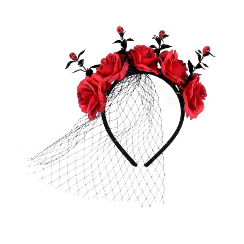 

Halloween Headpiece Rose Flower and Tulle Headband Adjustable Size Hairband Festives Party Costume Accessory for Women красный