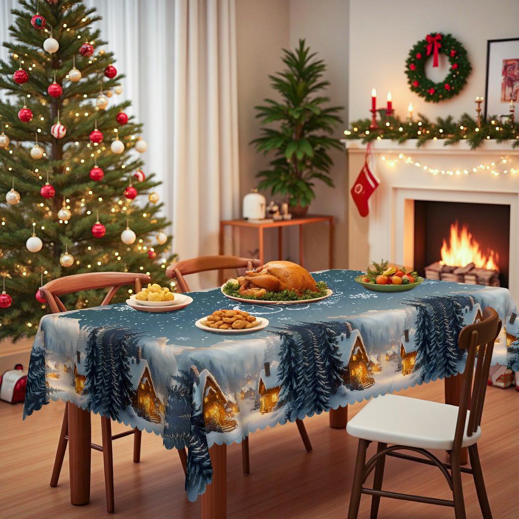 Christmas Tablecloth, Snow Pine Igloo Waterproof Thickened Tablecloth, Christmas Eve Tablecloth Round tablecloth-152x152cm