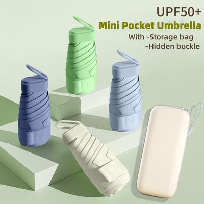 UPF50+ Mini Sammenleggbar Paraply Vinyl Solskjerm Paraply Liten lomme Regn Reiseparaply Ultrafiolett beskyttelseskapsel Parasoll