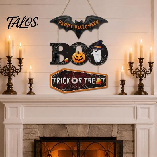Outdoor Halloween Door Decor Happy Wooden Sign, Cute Bat Ghost Pumpkin Boo Hanger, Trick Hanging Ornament or Treat Wall Sign for Party, Front