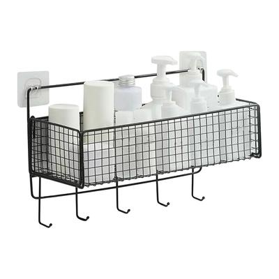 Wall Mount Storage Basket Multifunctional Iron Wall Hanging Organizer Rack with Hook for Kitchen Bathroom Black