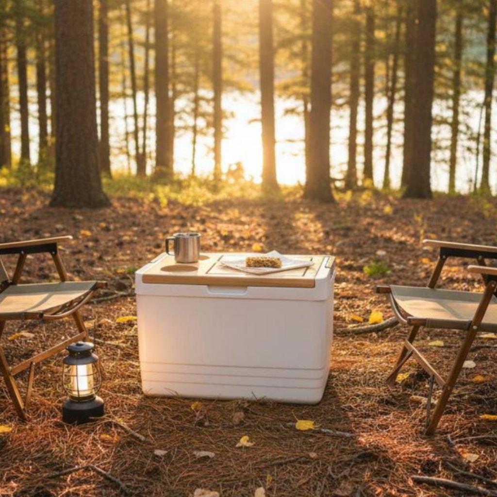 Insulated Container with Cut Board Lid Large Capacity Camping Chiller, Table, Builtin Cup Holders,