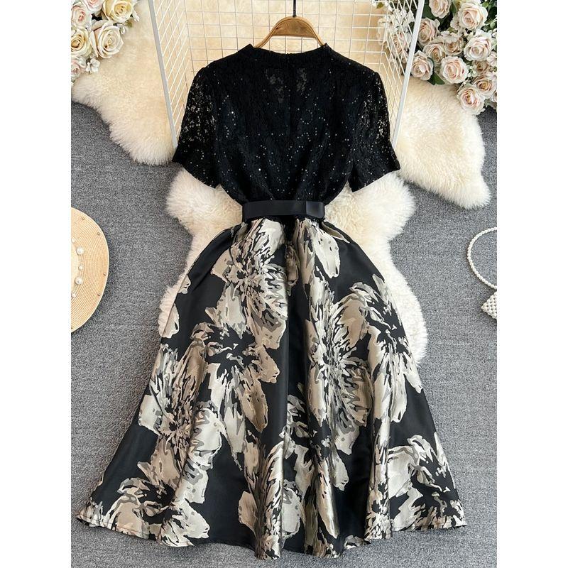 Summer French Style Lace A- line Jacquard Dress Short Sleeve