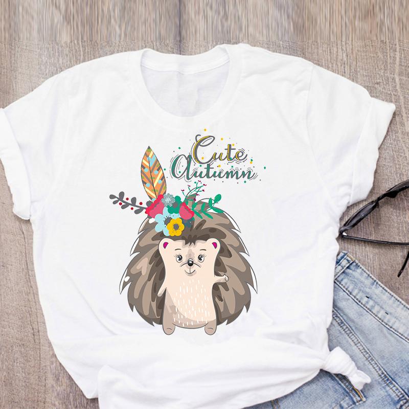 Cute Funny Hedgehog Cartoon Graphic Print Tshirt Women Summer Fashion Harajuku Lady T-Shirts Top Unisex Casual Short Sleeve