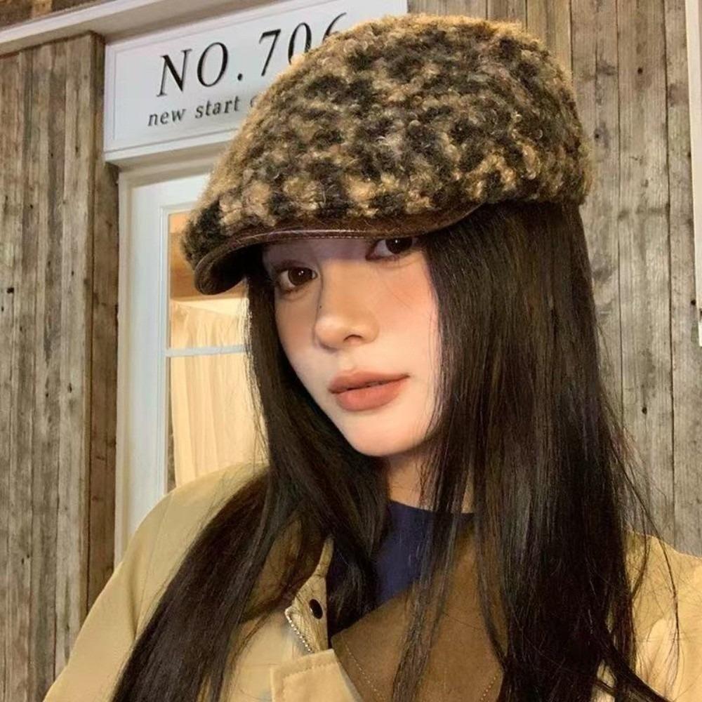 Pu Leather Brim Lamb Wool Berets Hat Keep Warm Women Newsboy Caps Retro Leopard Print Berets  Girl