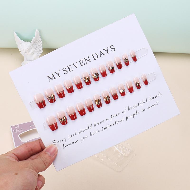 Burgundy Champagne Gel Manicure Wearable False Nails Set - Removable Finished Nail Art Patches and Tips