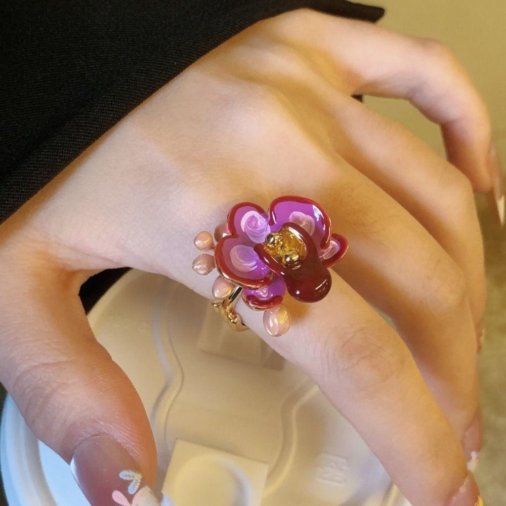 Sweet Enamel Finger Ring White Iris Flower French Irregular Ring Drip Oil Flower Ring  Gift