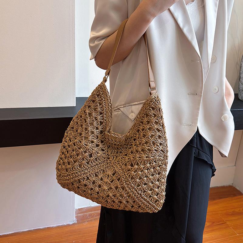 Sommer Stroh Stricktasche Aushöhlen Tragetasche Einfarbig Strand Schultertasche Urlaubsreise Handtasche Boho Schultergeldbörse für Damen