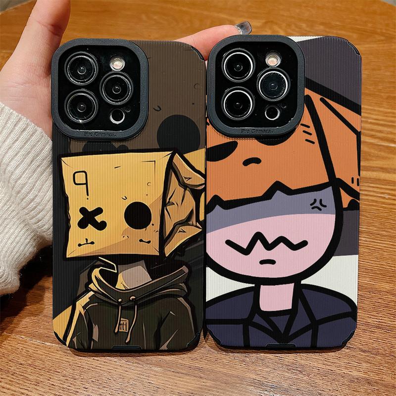 Vertical Grain Leather Shell Box Boy Printed Patterned Shockproof Soft Silicone Case with Camera Lens Full Protection for iPhone