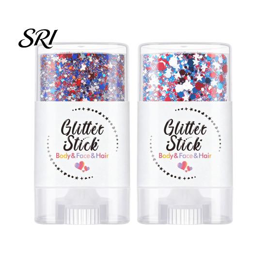 Women Makeup Stick Independence Day Body Glitter Stick, Patriotic USA Flag Face Hair Accessories, Sparkling Red White Blue for 4th of July