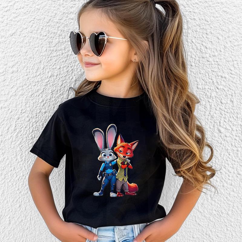 Voyex Kinder Katoenen T-shirt met Cartoonprint van Vos & Konijn - Ronde Hals, Korte Mouw 130 cm