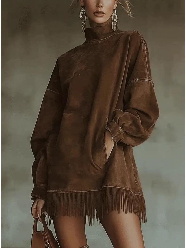 European & American Retro High Collar Suede Tassel Dress with Pockets