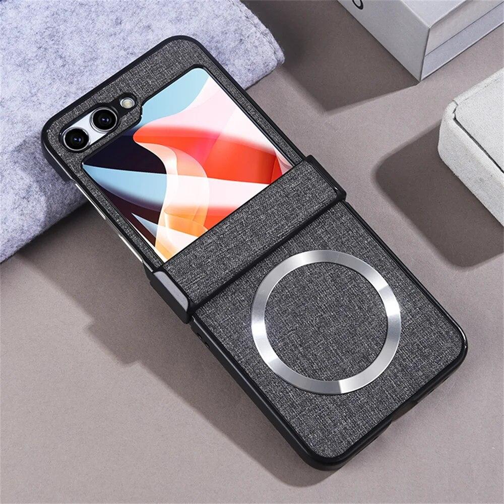 Leather Case for Galaxy Z Flip5 Magnetic Charging Phone Case for Samsung Z Flip 5 5g Luxury Cloth Slim Cover with Glass Film Protection Cover