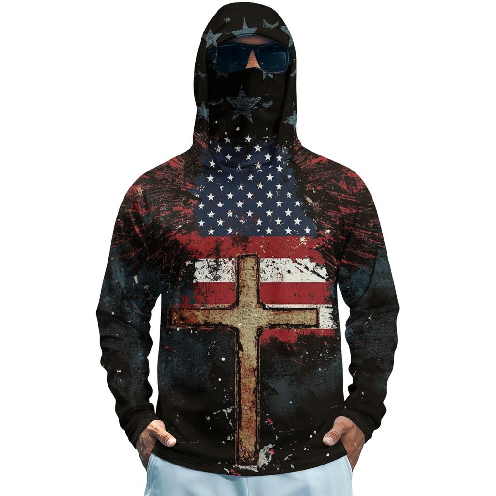 Men’s Long Sleeve Hooded Sun Protection Shirt with Flag and Cross Print Quick Dry Lightweight Athletic Top for Outdoor Sports Fishing Fitness