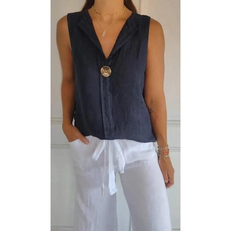 Casual Sleeveless Shirt Lady Fashion Button V-Neck Pullover Solid Top For Women Holiday Office Tops Shirts Women Clothes Summer