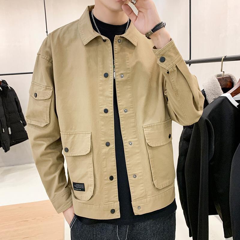 2024 Men s Trendy Lapel Workwear Jacket - Spring/Autumn, Handsome Casual Korean Style, Solid Color, Loose Fit L хаки