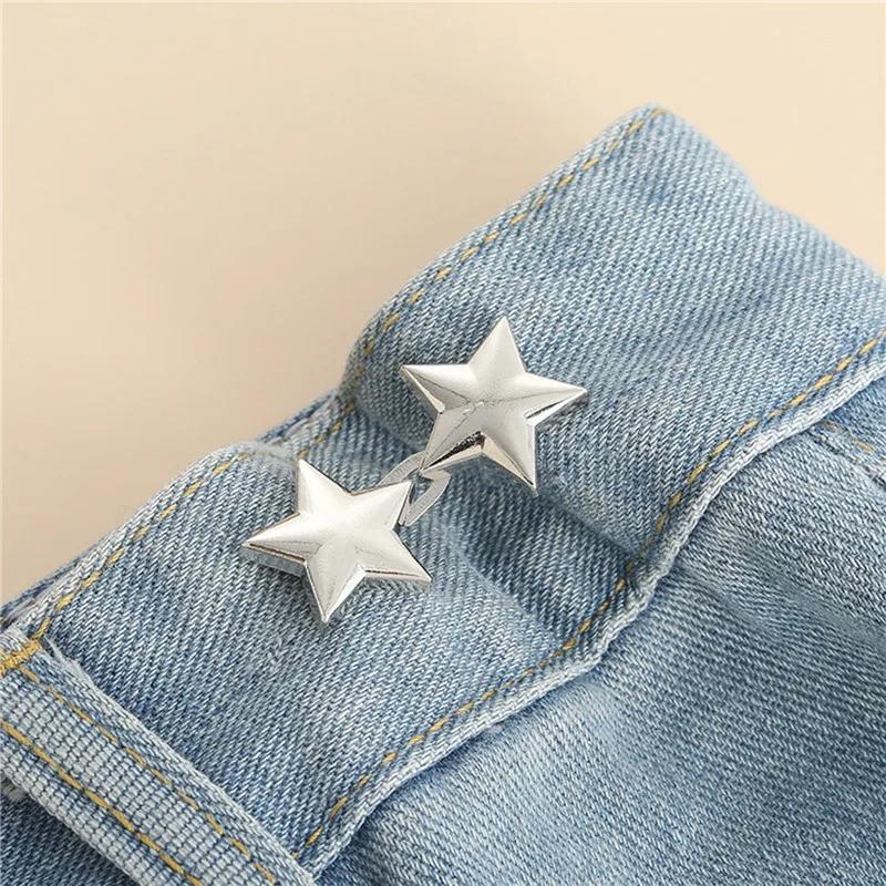 

Star Adjustable Pants Fastener Clips for Pants Pin Retractable Waist Button Loose Button for Jeans Perfect Fit Reduce Waist срібний
