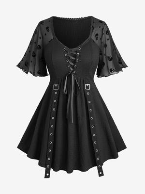 Rosegal Grote Maten Schedels Sterren Mesh Velours Mouwen Vetersluiting Gesp Oogjesbanden Kreukel Top