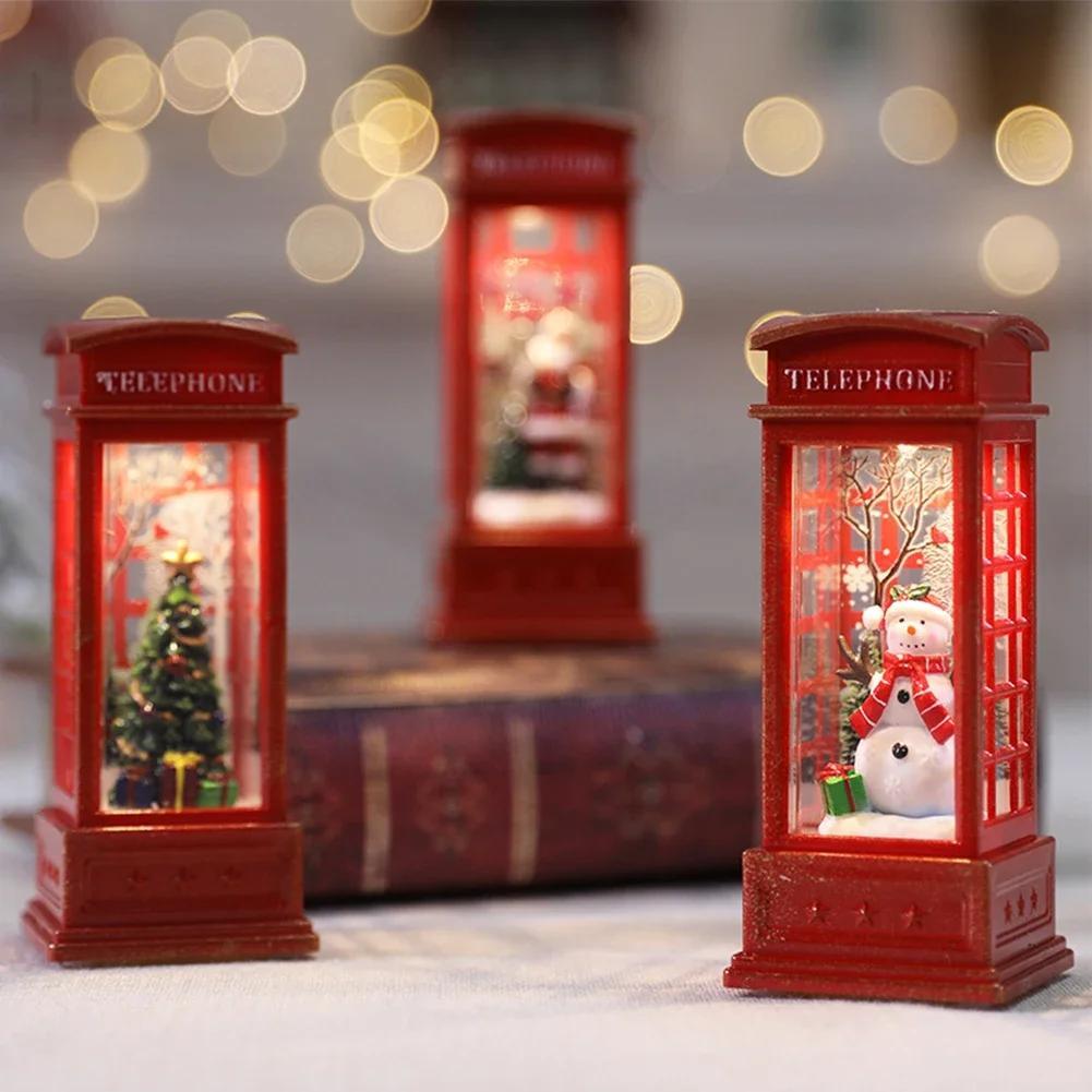 Festive Christmas Telephone Booth Decor Bright Desktop Ornaments Battery Powered Red Telephone Booth Lantern  Party Prop for Home Bedroom