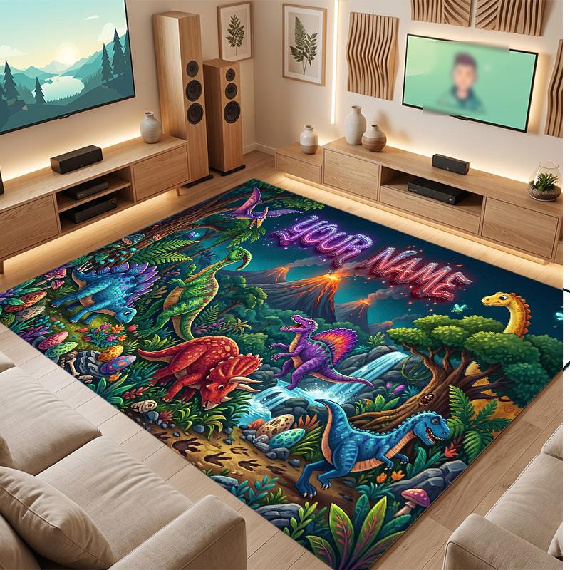 Dinosaur Theme Soft Crystal Velvet Rug Custom Name & Text Print Non Slip Floor Rug for Bedroom Living Room