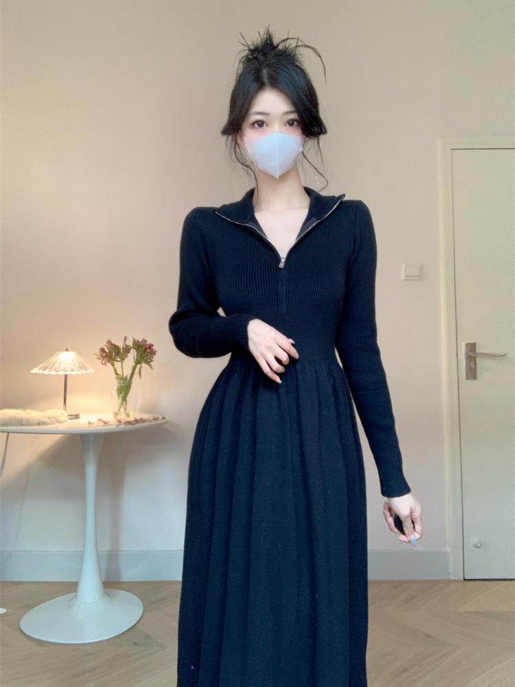 Black Sweet Slim Long Sleeved Dress Knitted Female Autumn New Elegant Patchwork Pleated Dresses V-neck Fashion Sense Clothing Streetwear Winter